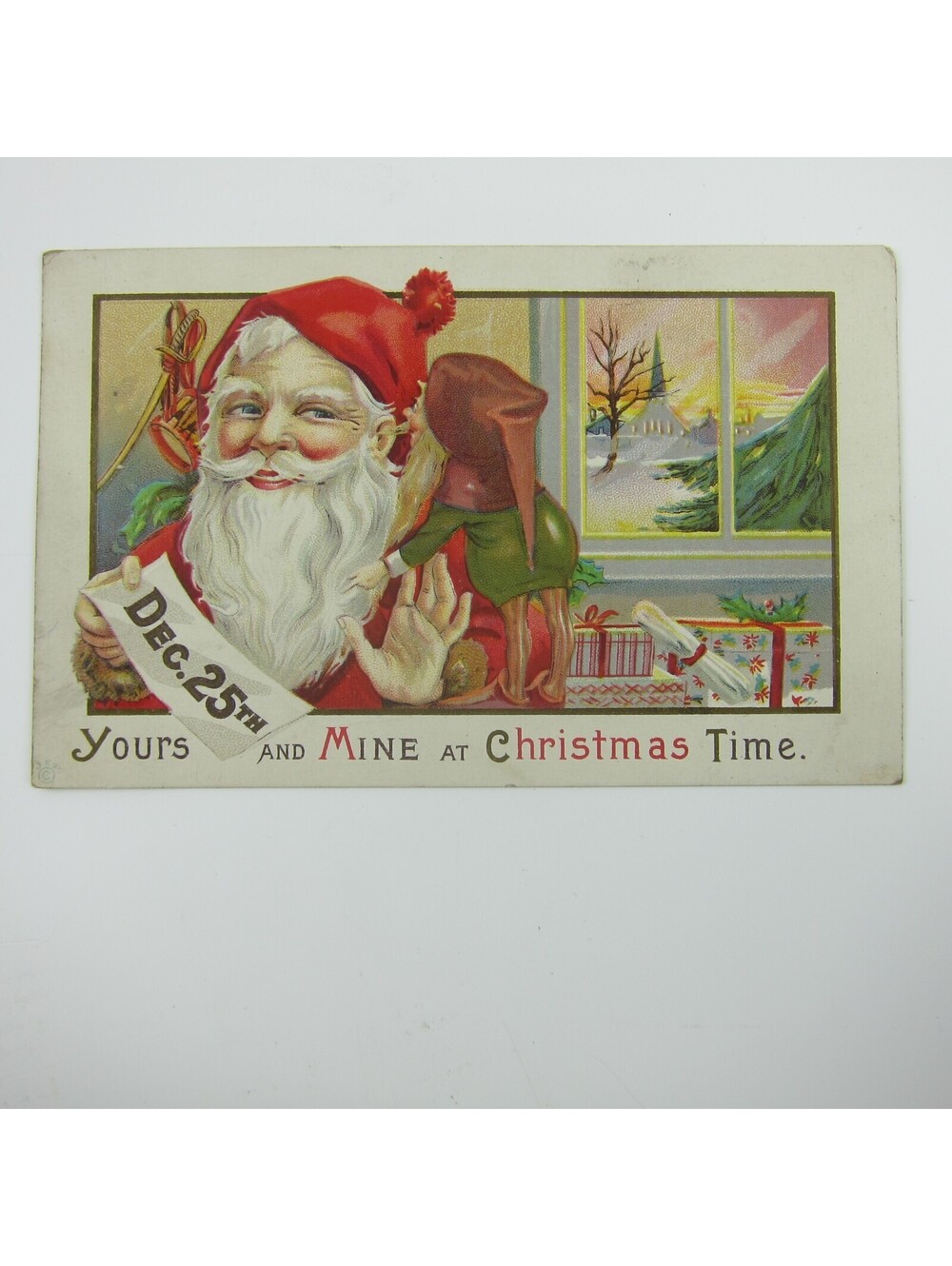 Christmas Postcard Elf Whispers Santa Toys Window Church Embossed Antique 1923